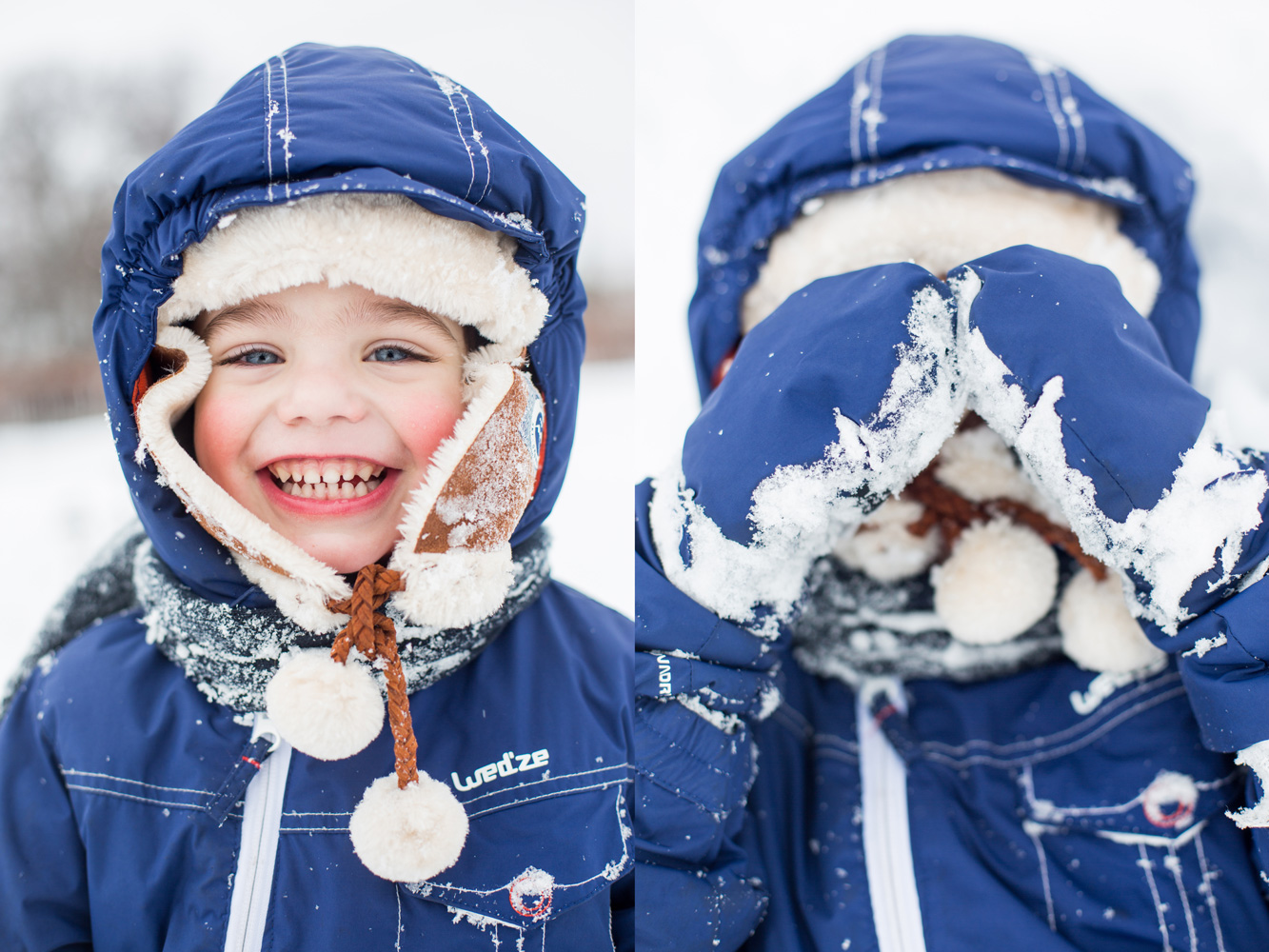 Portrait d'un enfant bien couvert dans la neige qui joue avec le photographe