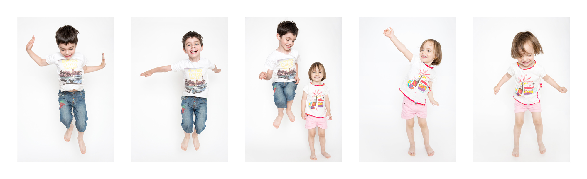 Montage photo d'une séance en studio photo d'enfants sautant 